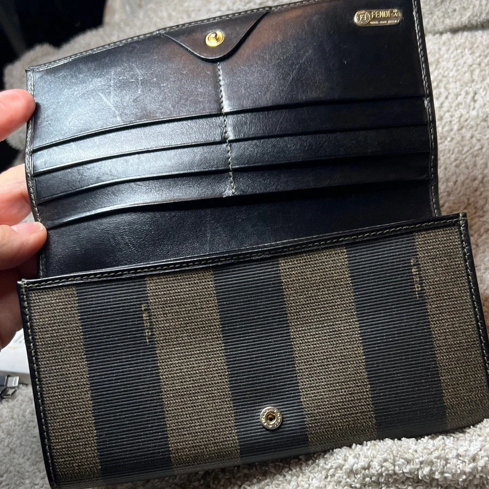 FENDI Black and Brown Striped Continental Wallet with Gold Tone Chain